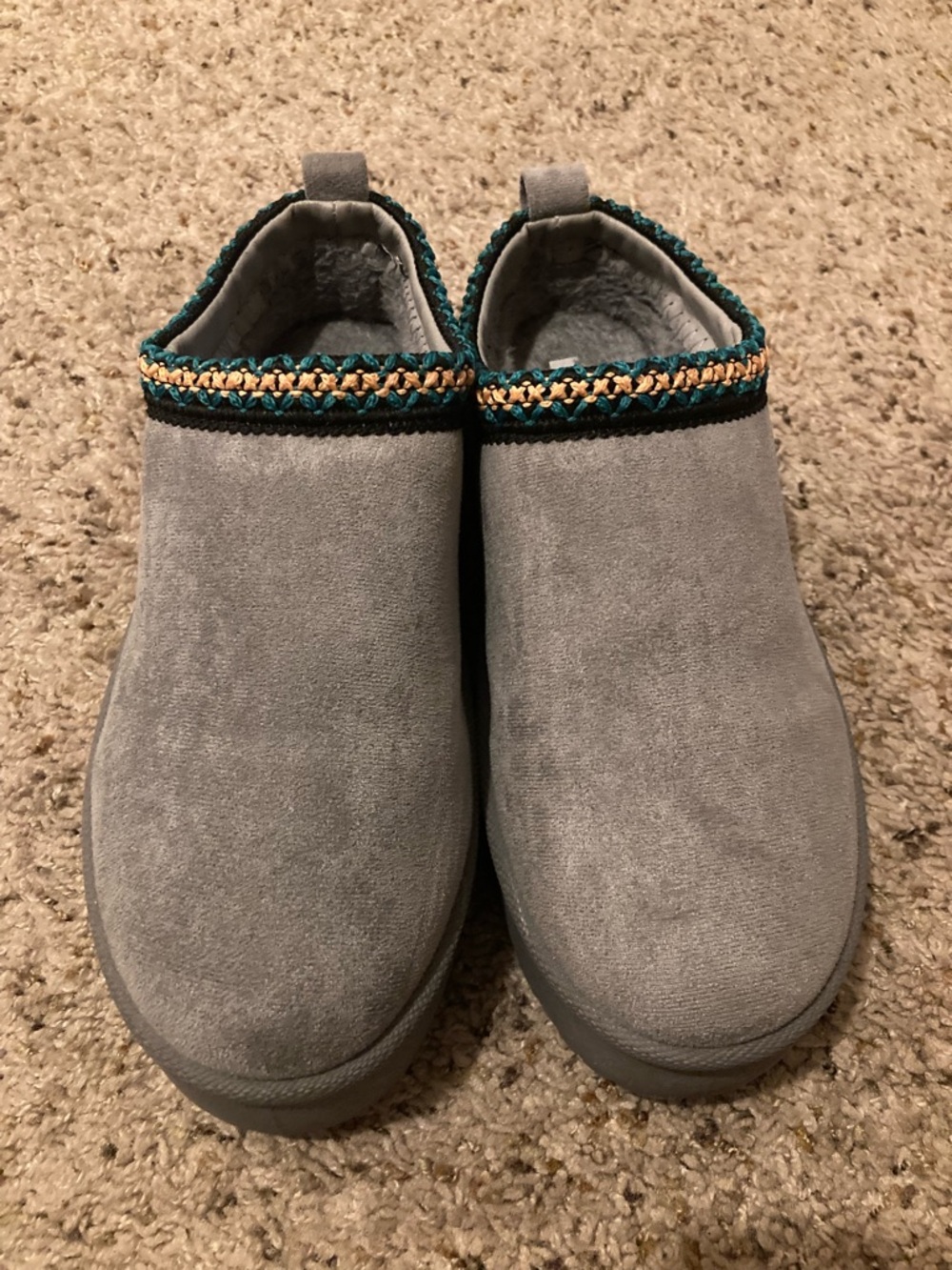 Mudd Gray Suede Slip-On Mules with Teal and Gold Trim